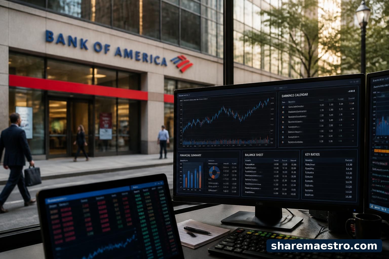 Bank of America branch signage with financial market screens illustrating an earnings setup for the bank.