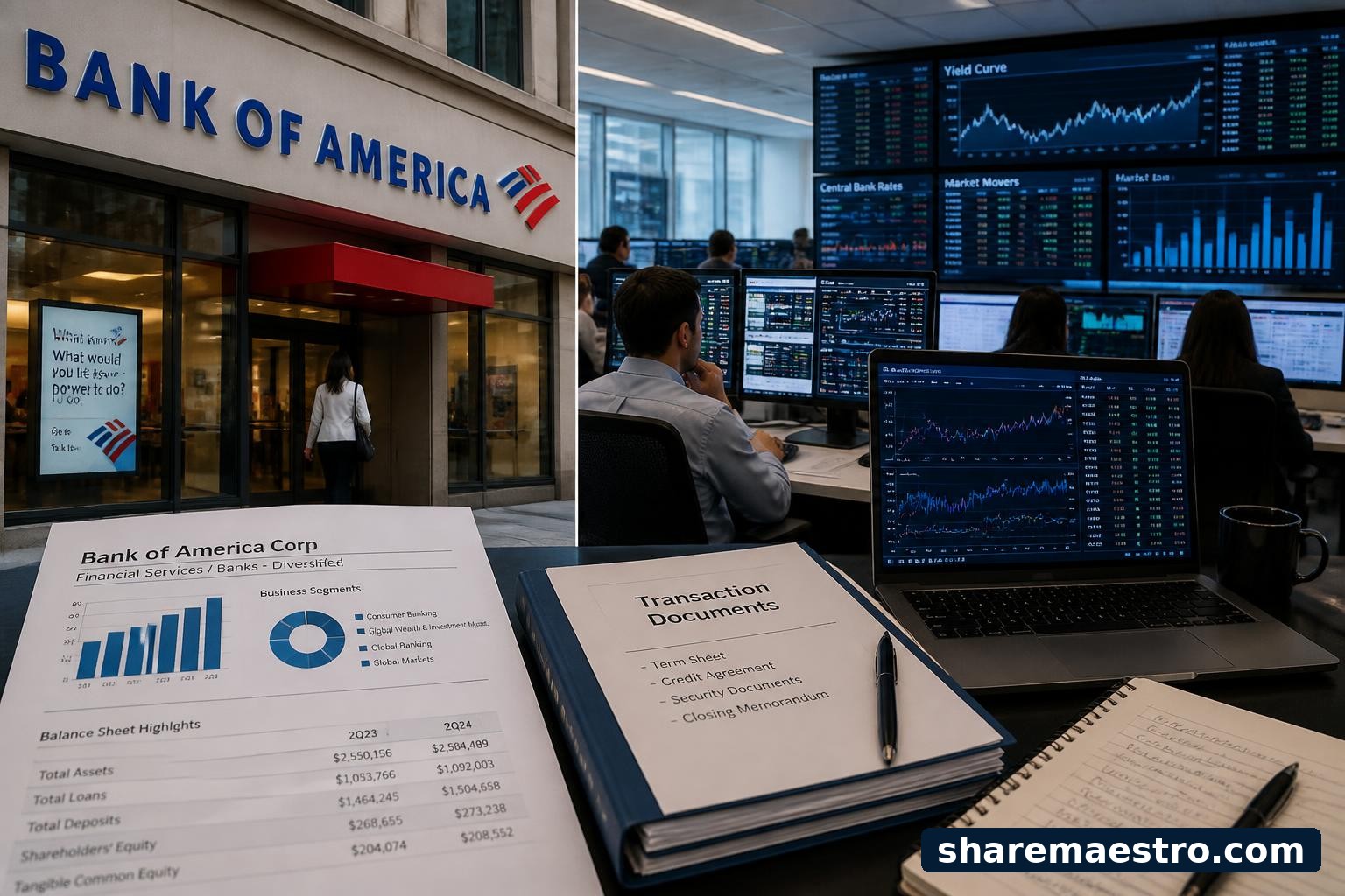 Bank of America banking office and market data screens illustrating insider activity and weekly market context.