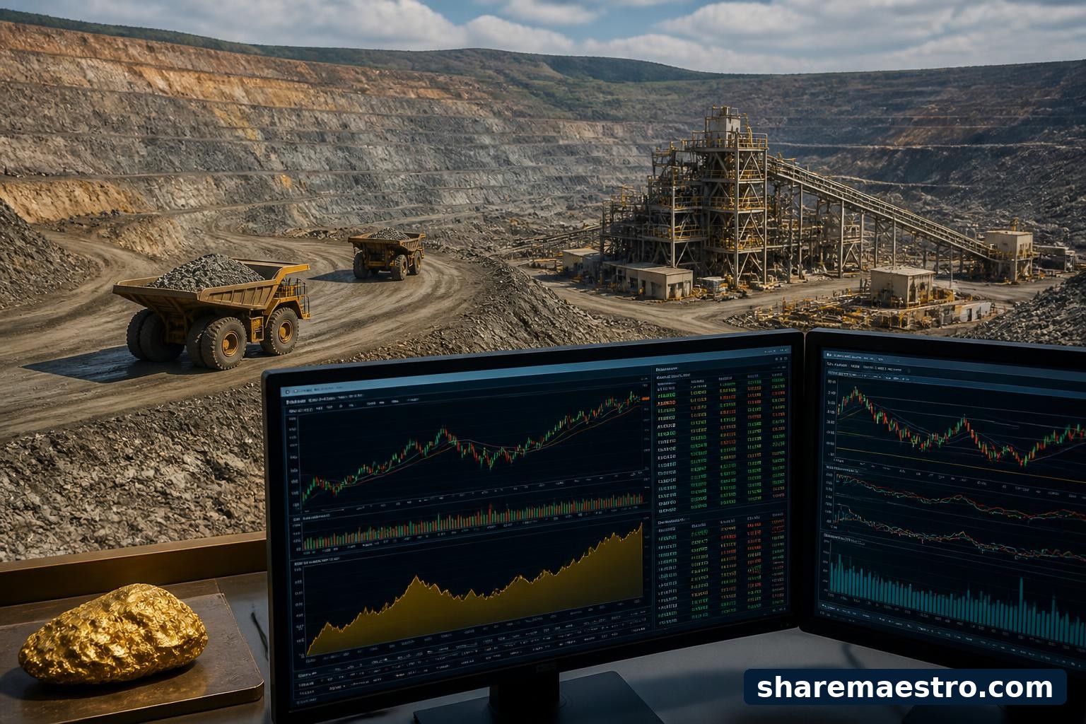 Open-pit gold mine with heavy equipment and a market data screen representing Barrick Mining earnings watch.