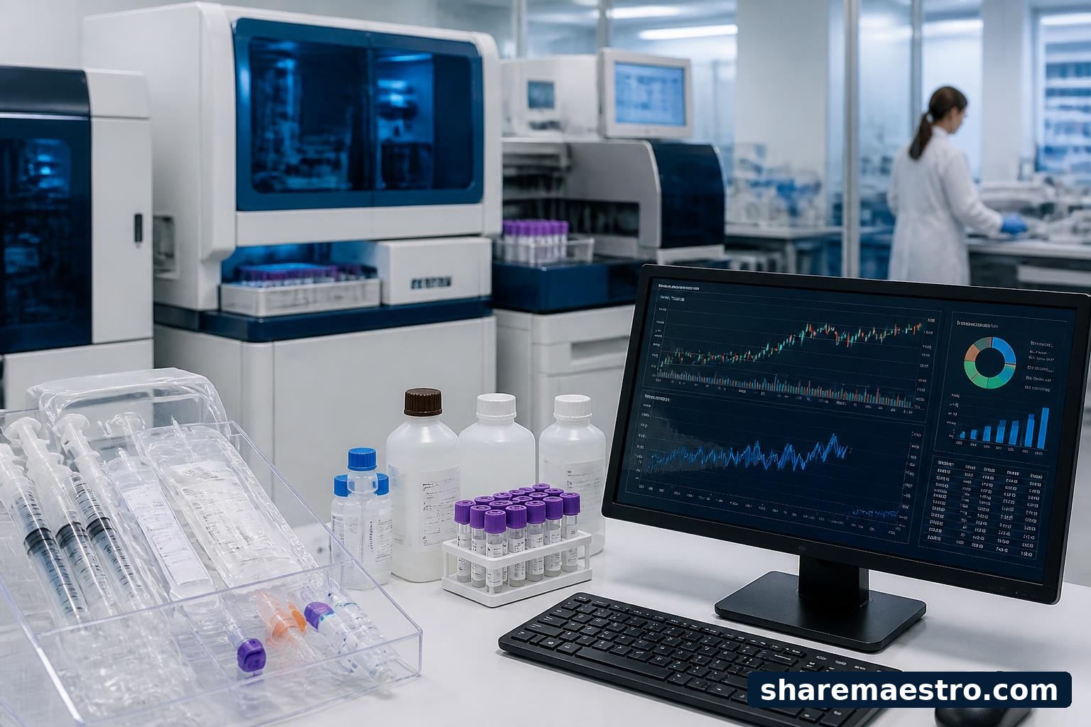 Becton Dickinson medical devices and diagnostic instruments beside a market data terminal.