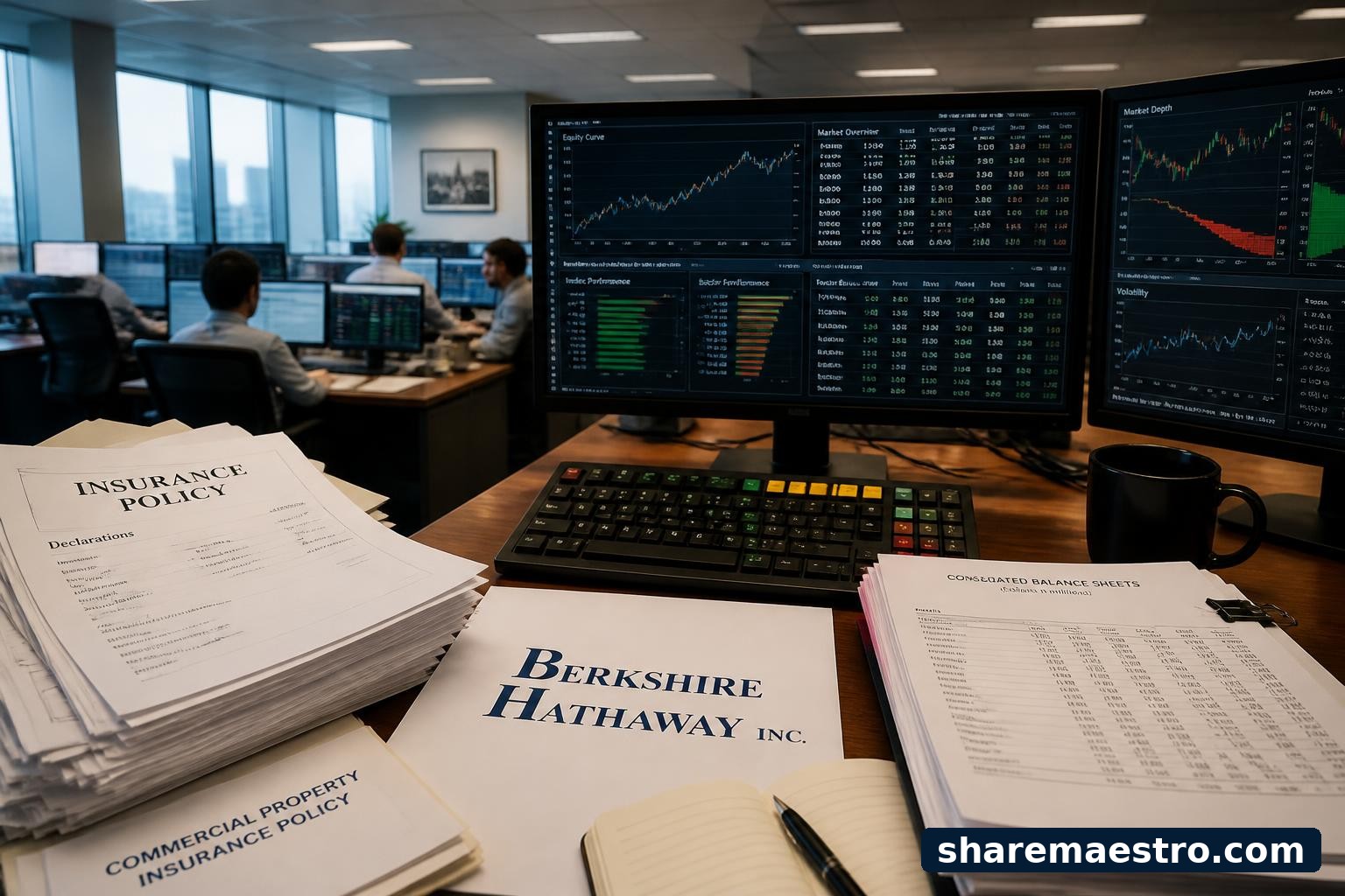 Insurance and financial-services documents beside a market terminal representing Berkshire Hathaway.