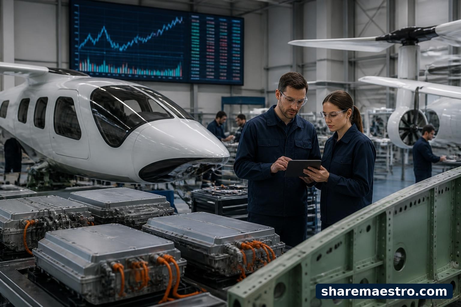 Engineers review electric aircraft components in an aerospace manufacturing hangar with market data screens nearby.