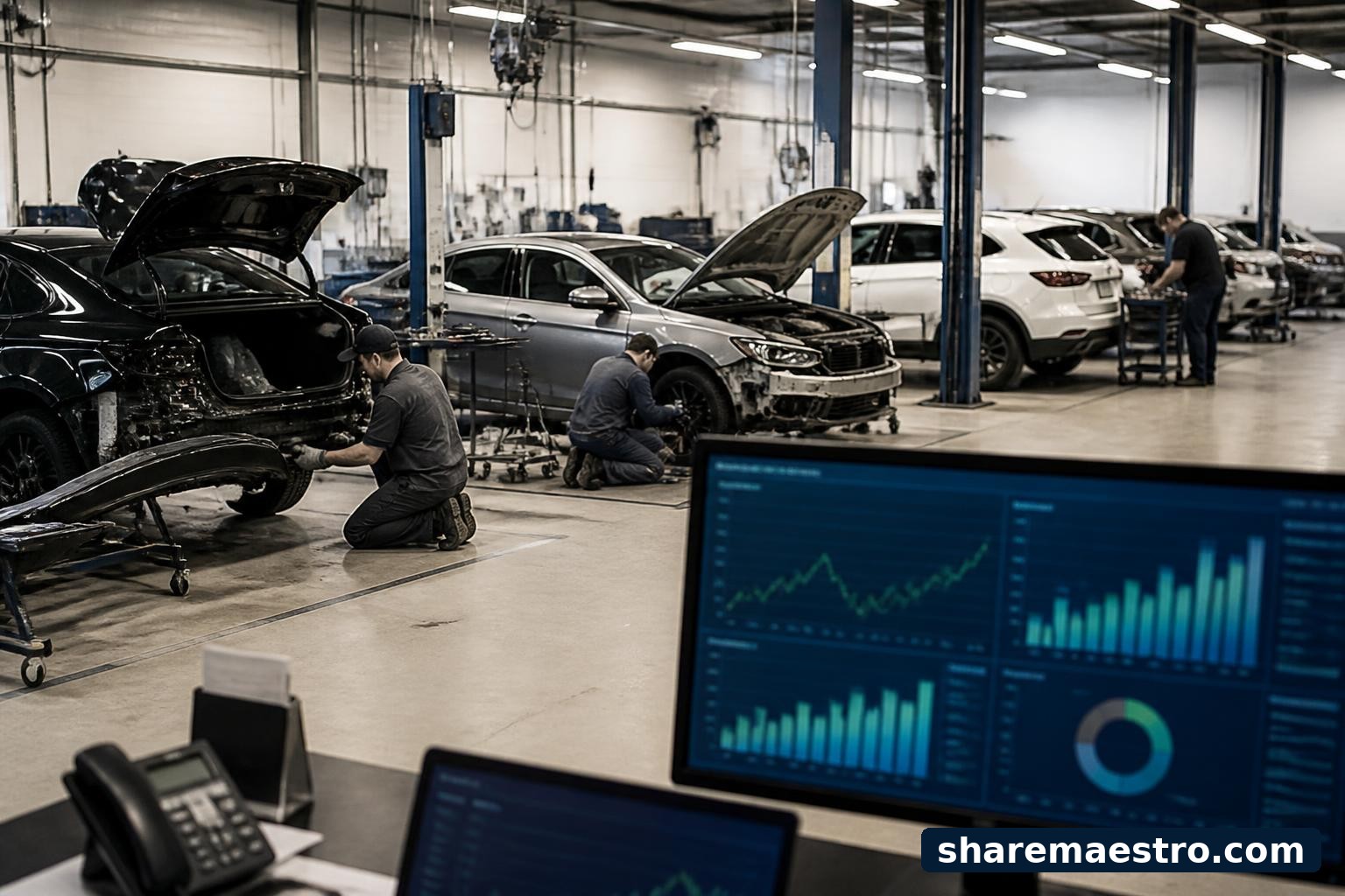 Auto collision repair bays with a financial market-data screen in the foreground.