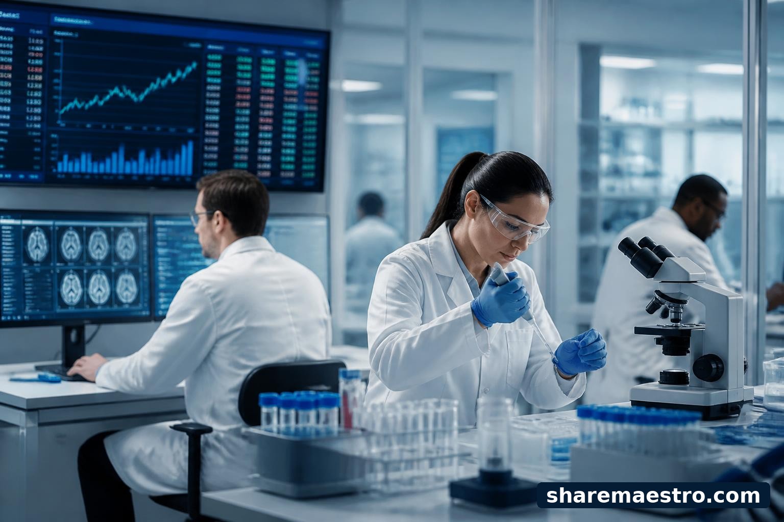 Biotechnology lab setting with neurological therapy research equipment and market data screens representing Biogen ahead of earnings.