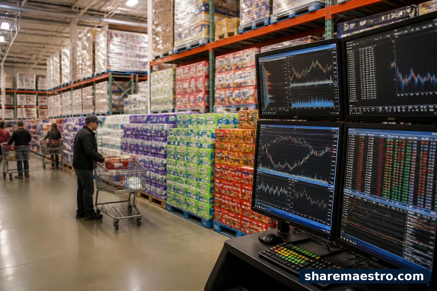 Warehouse club retail aisle with bulk goods and a stock-market terminal.