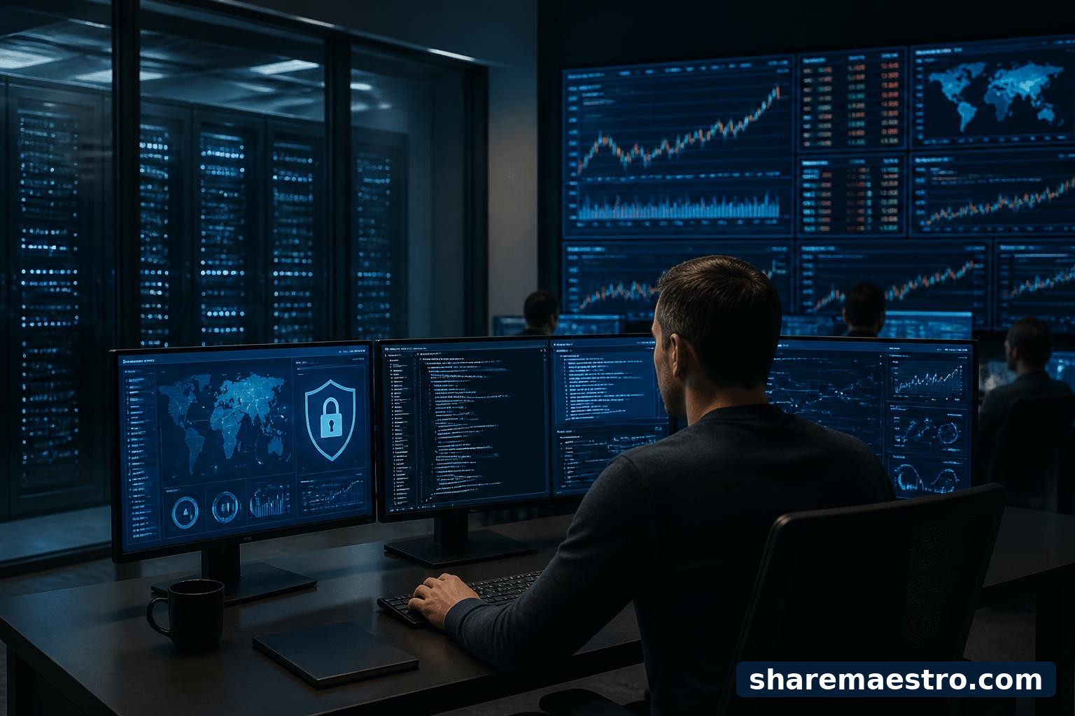 Cybersecurity software infrastructure and market-data screens in a professional operations center.