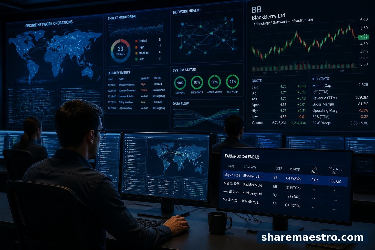 Cybersecurity software monitoring screens beside market data and an earnings calendar for BlackBerry.