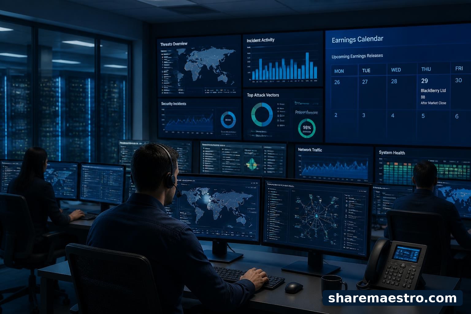 Cybersecurity analysts monitor enterprise software dashboards ahead of a BlackBerry earnings report.