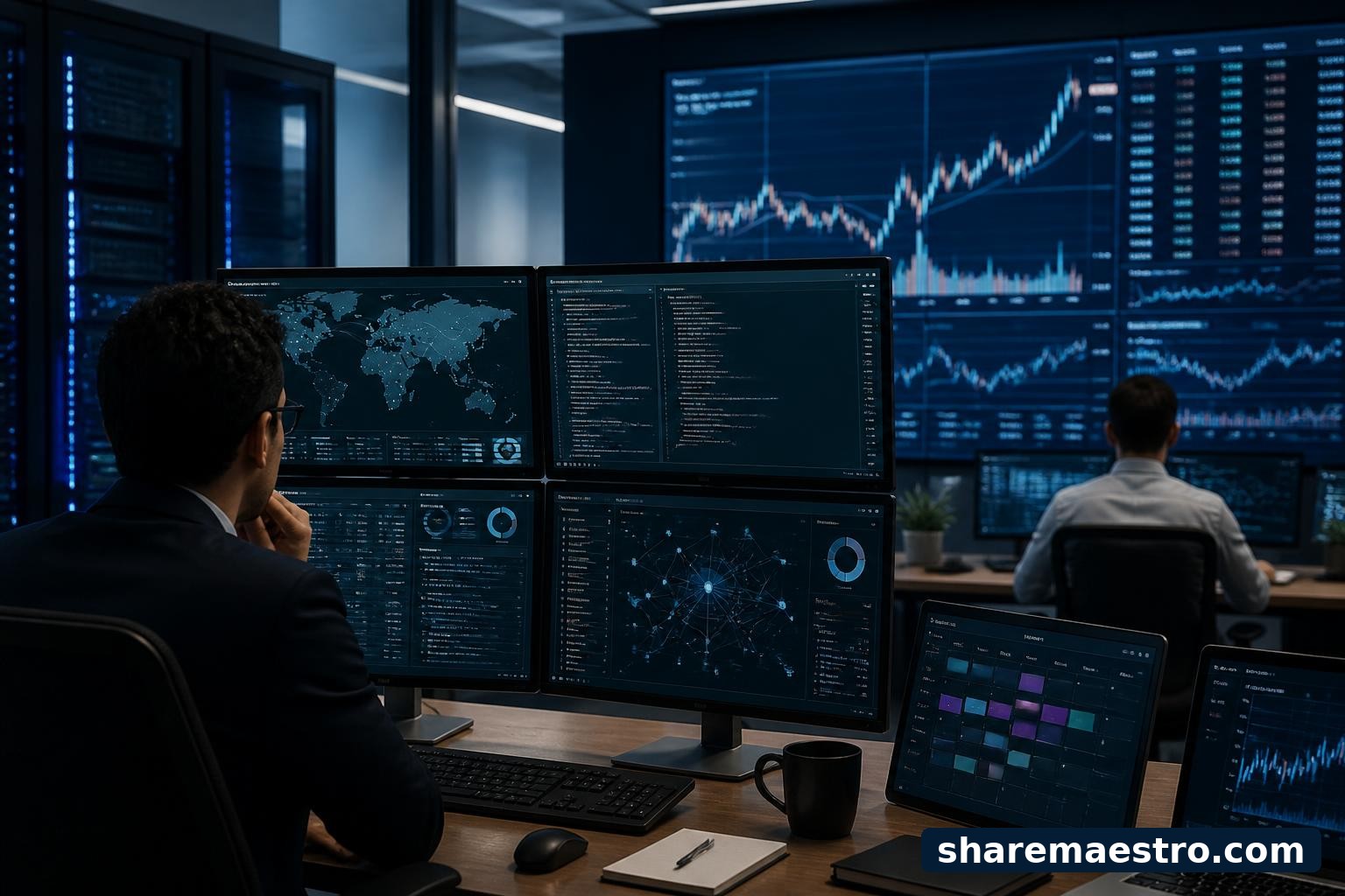 Analysts monitor cybersecurity software dashboards and earnings-related market screens for BlackBerry.