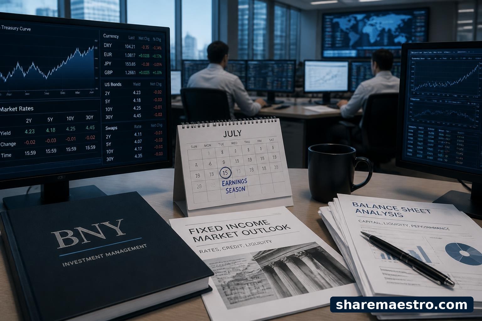 Financial-services trading desk with earnings calendar and market monitors for BNY.