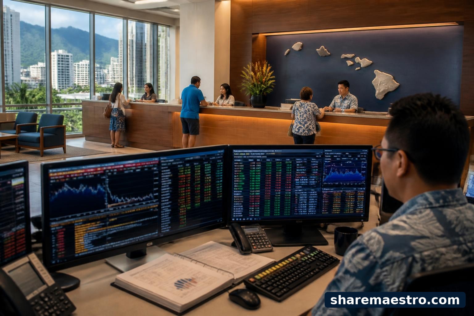 Regional bank branch in Honolulu with banking desks and financial market data screens.