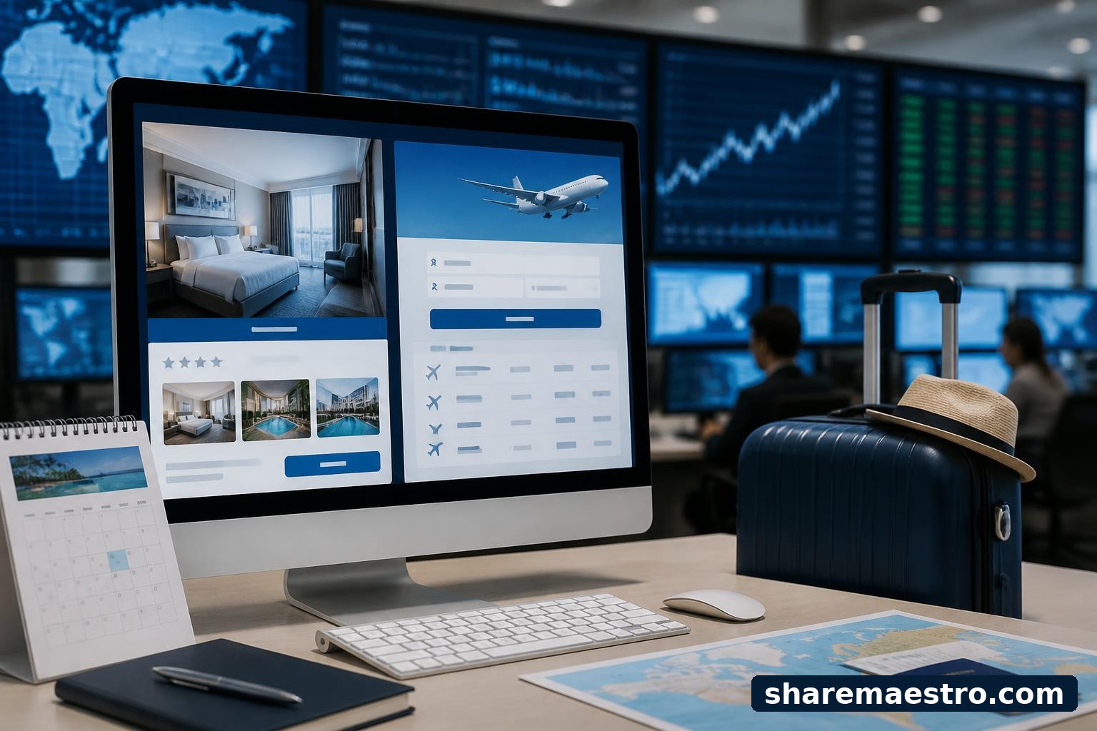 Travel booking screens and market data panels representing Booking Holdings ahead of earnings.
