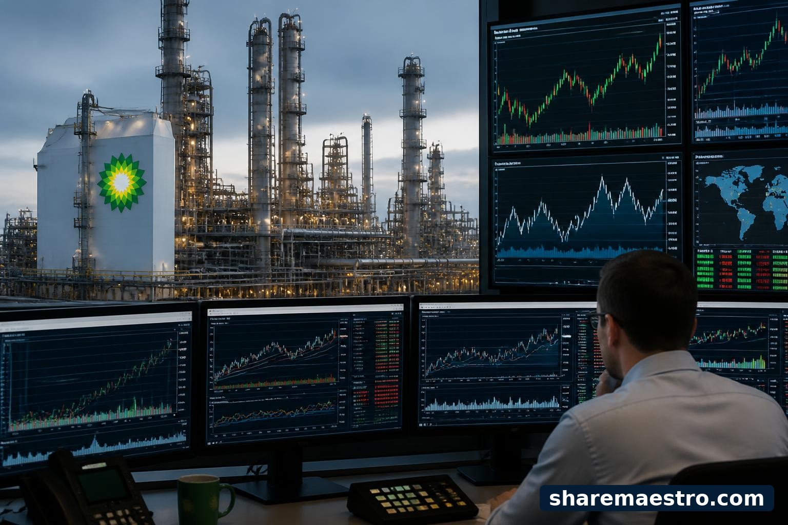 BP refinery operations with financial market screens in the foreground.