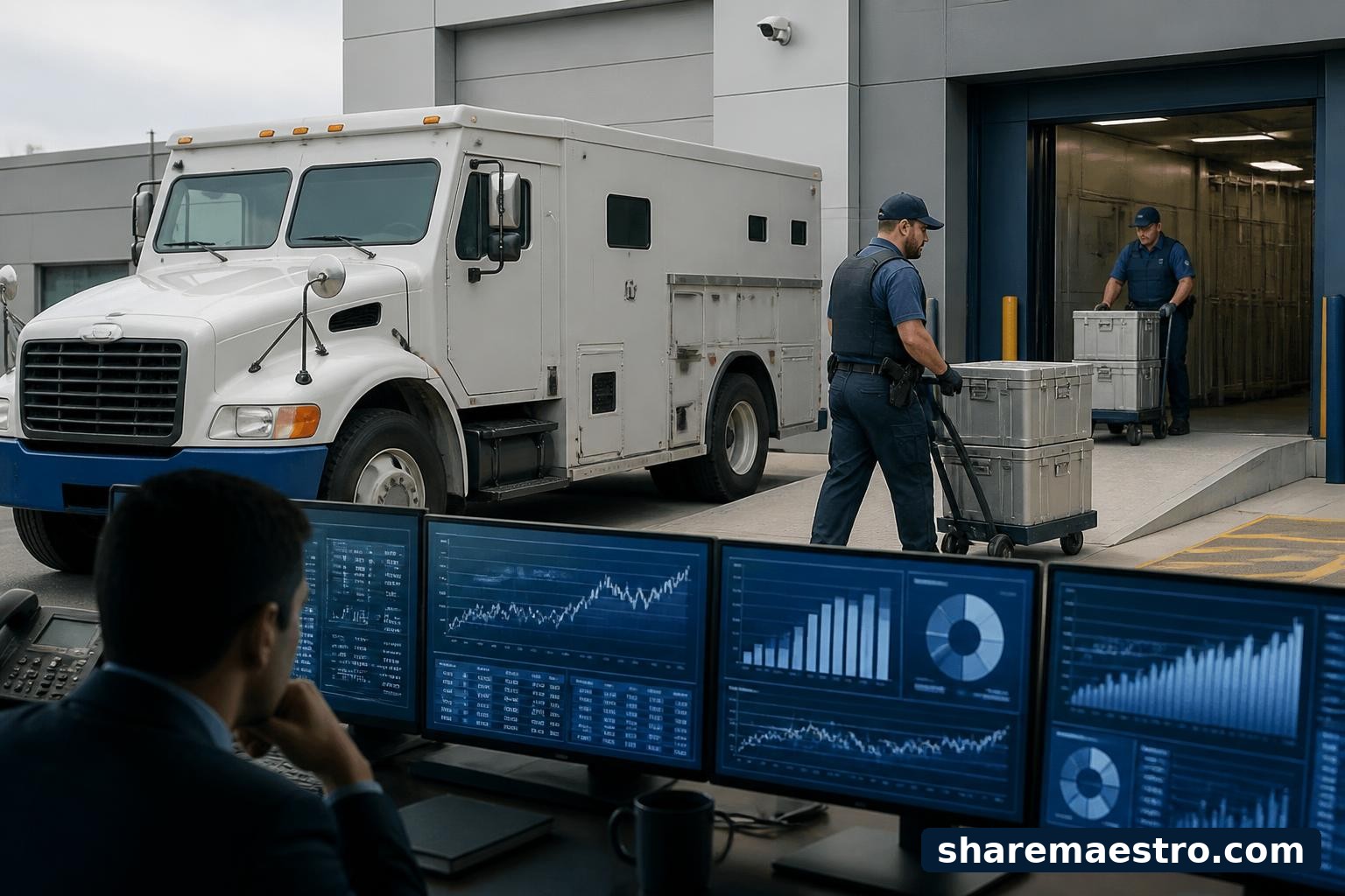 Brink's armored cash transport truck outside a secure cash processing facility with financial market data screens nearby.