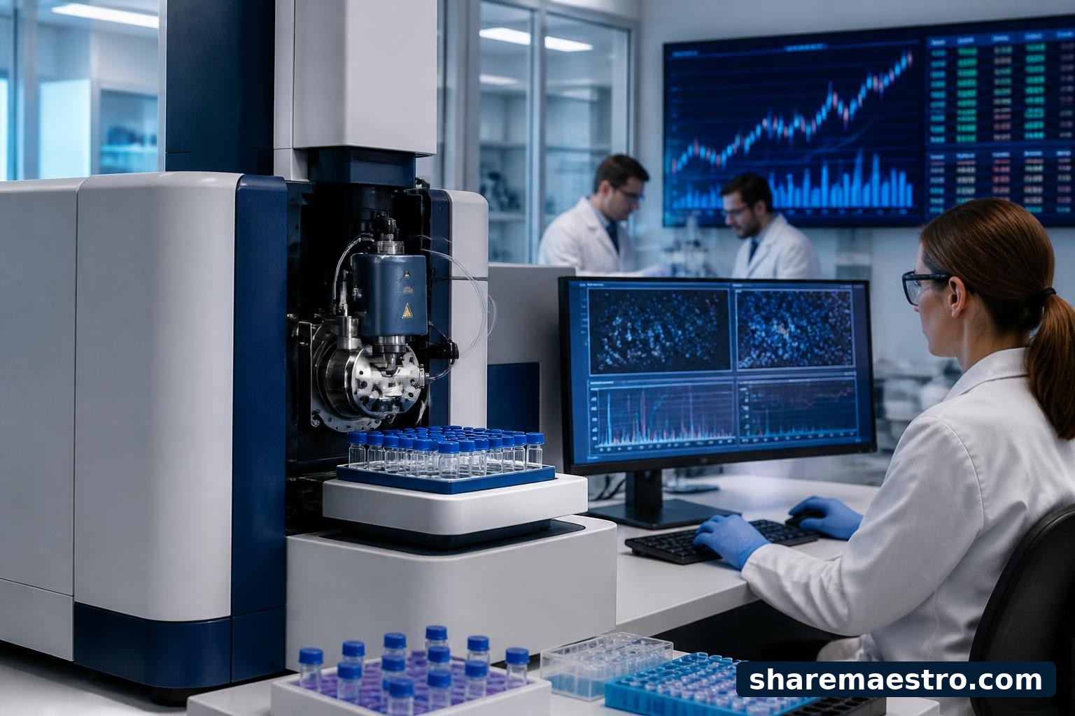 Medical and analytical laboratory equipment with a financial data screen in the background.