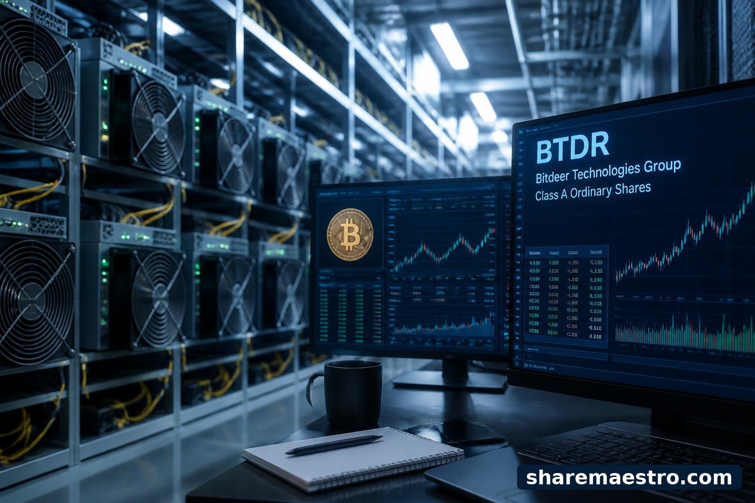 Cryptocurrency mining servers with a market-data terminal for Bitdeer Technologies Group earnings coverage.