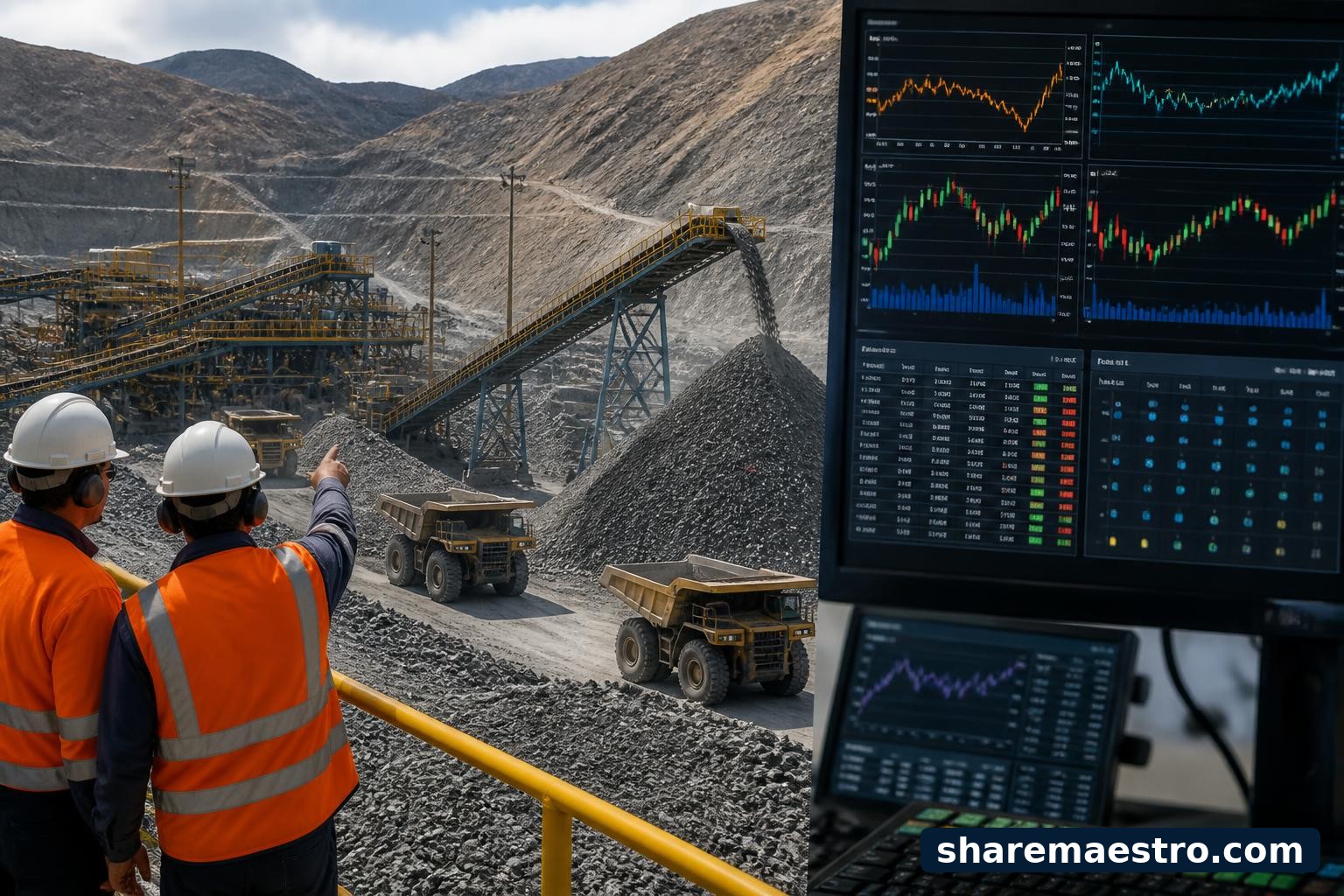 Precious-metals mining operation with market-data screens for a Buenaventura earnings watch.