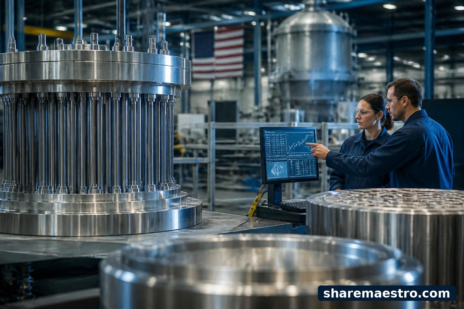 Technicians inspect precision nuclear components in an industrial manufacturing setting.