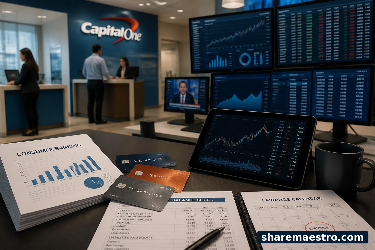 Capital One credit cards and banking materials beside a market-data terminal before earnings.