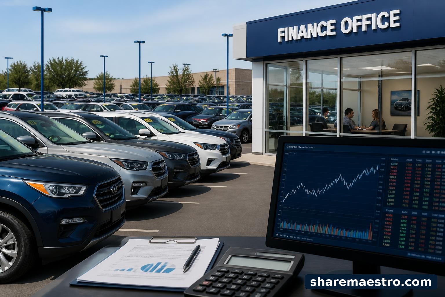Used-car dealership lot with vehicles and market data screens for an earnings watch story.