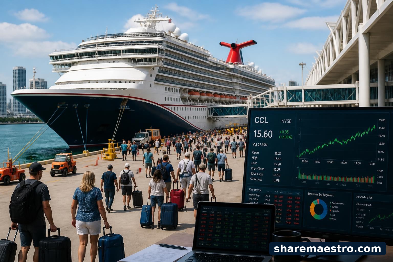 Carnival cruise ship at a passenger terminal with market data screens in the foreground.