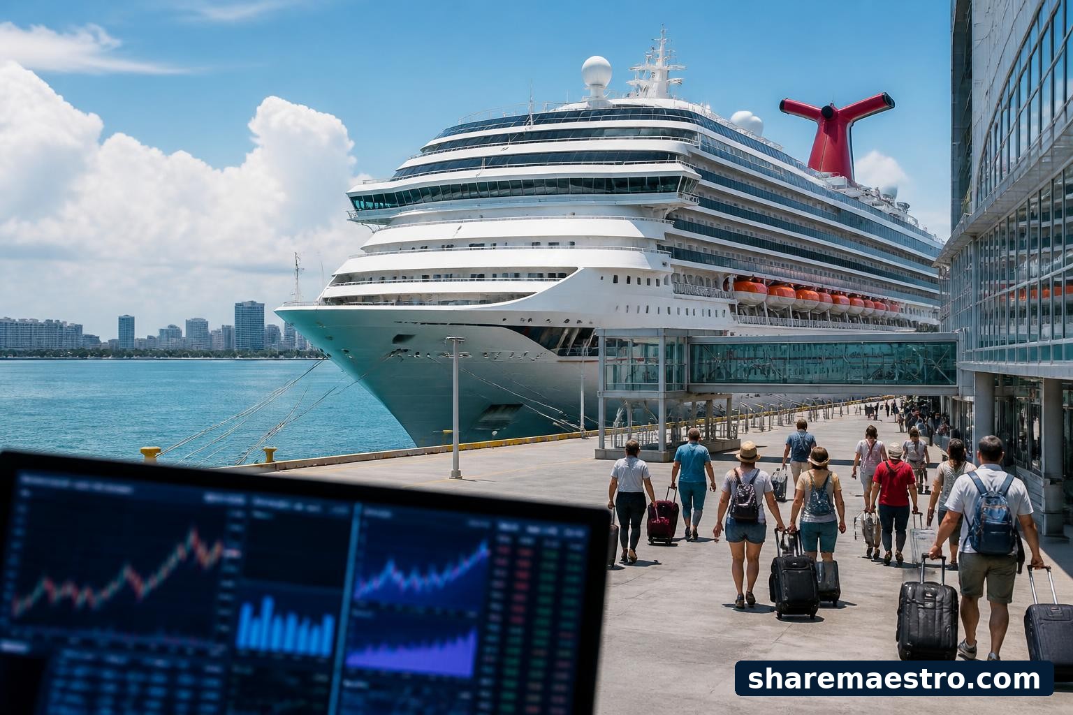 Carnival cruise ship at a passenger port with financial market screens in the foreground.