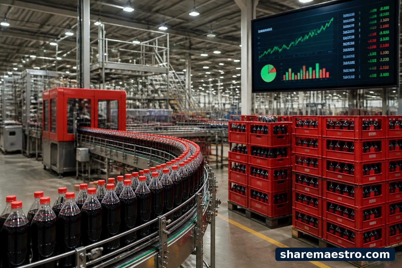 Non-alcoholic beverage bottling line with market data screens in the background.