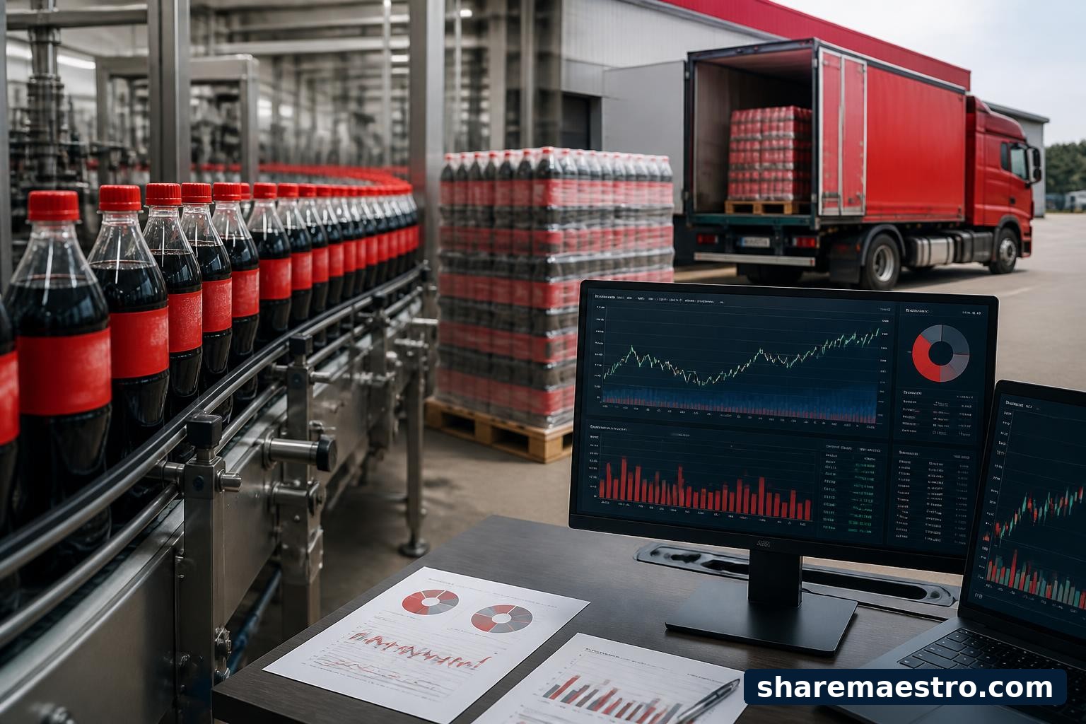 Non-alcoholic beverage bottling line and market-data terminal representing Coca-Cola European Partners earnings watch.