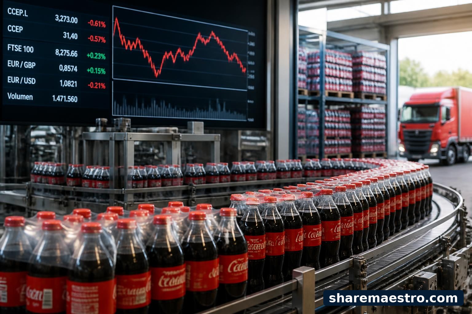 Bottled non-alcoholic beverages on a production line with market data screens in the background.
