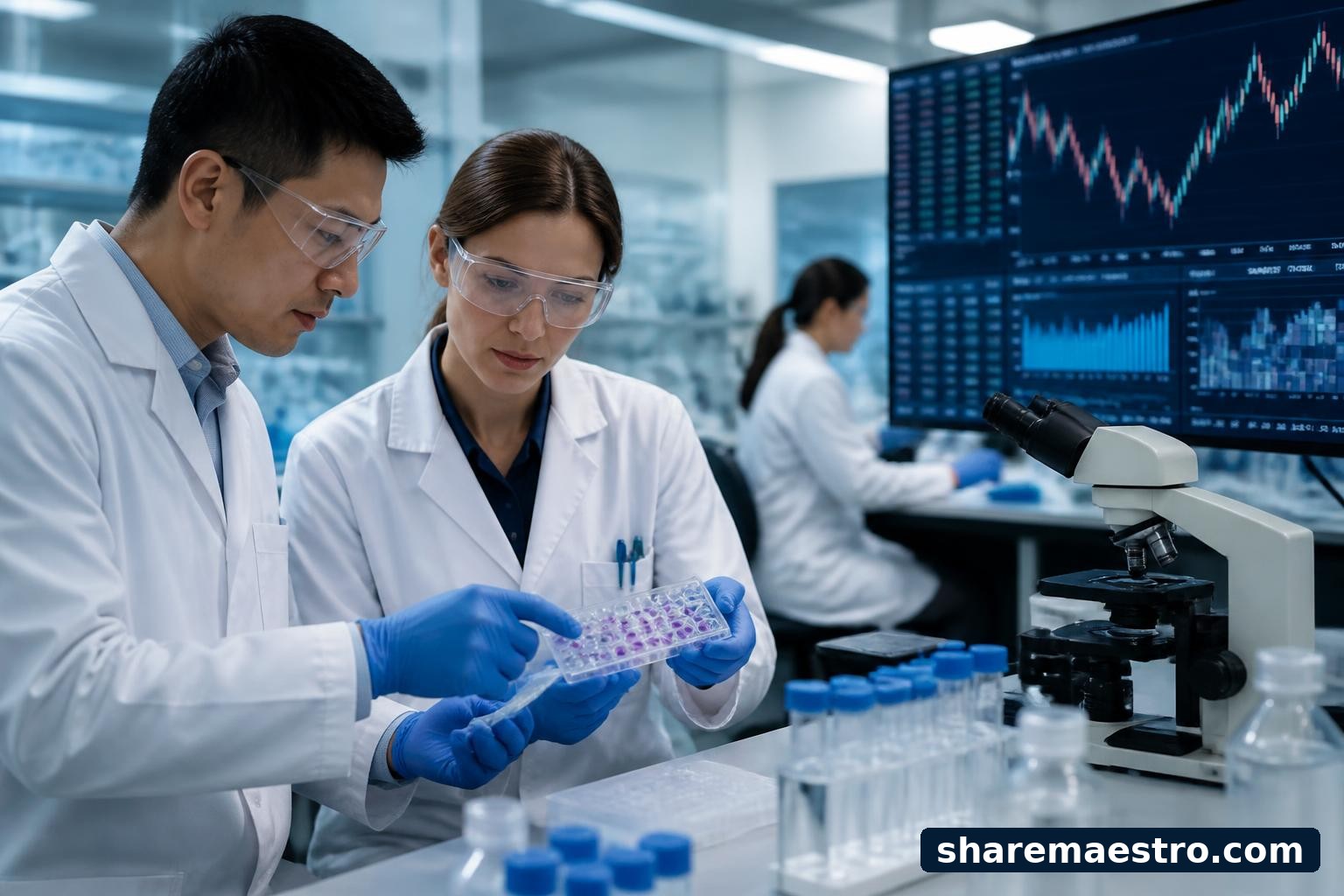 Oncology biotechnology lab with cancer research materials and financial market data screens.