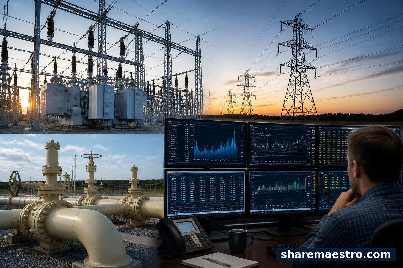 Power grid and natural gas utility infrastructure with market data screens in a professional operations setting.