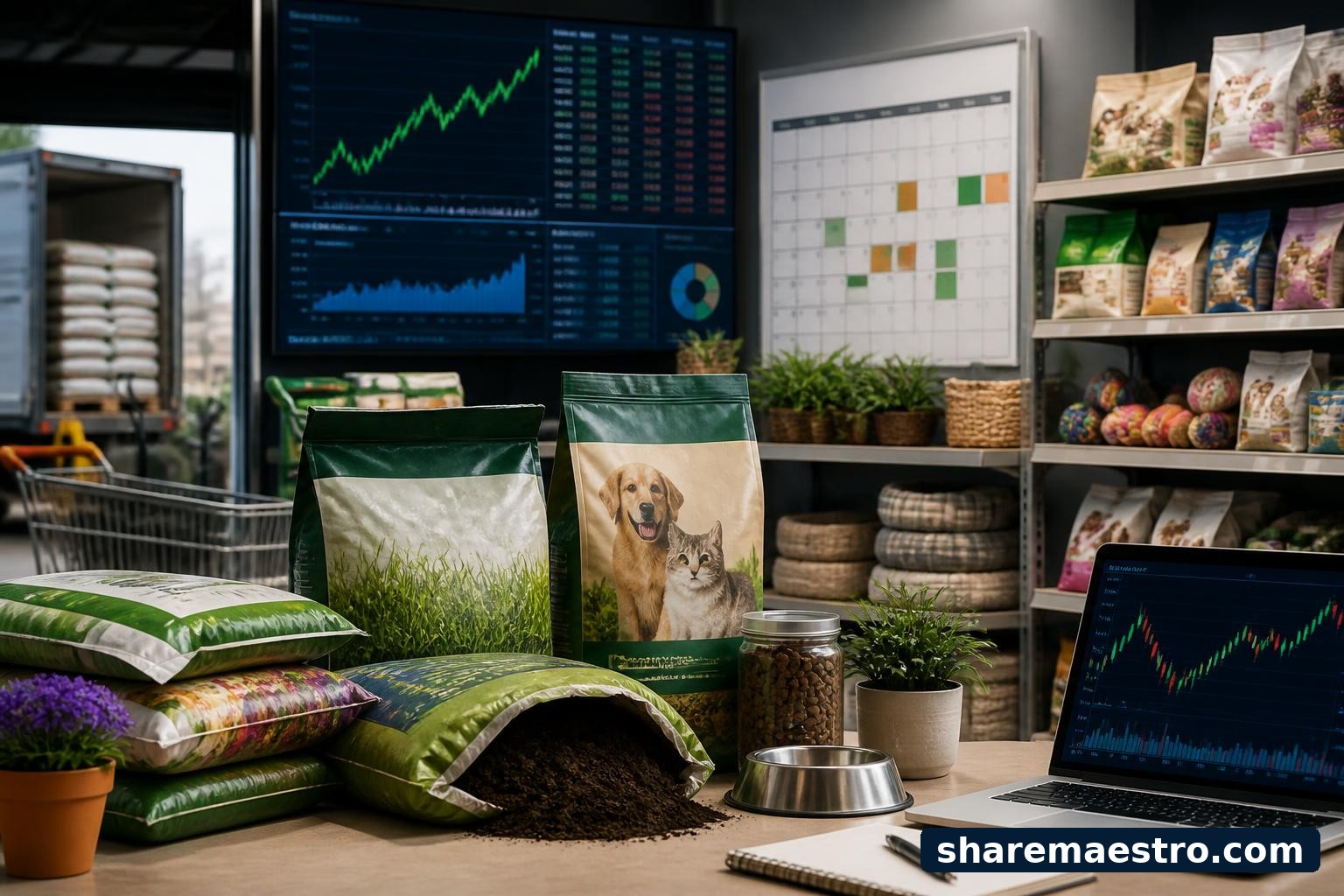 Packaged pet and garden products shown with an earnings-calendar and market-data backdrop.