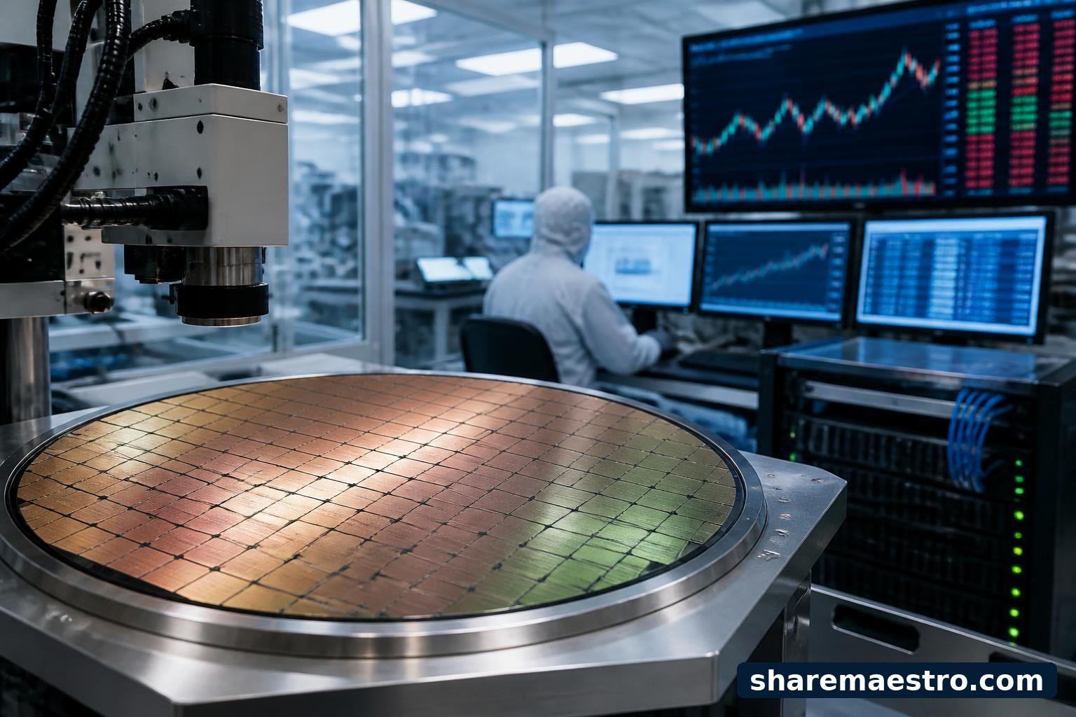 Semiconductor lab workstation with an AI processor and market screens representing Cerebras Systems earnings watch.