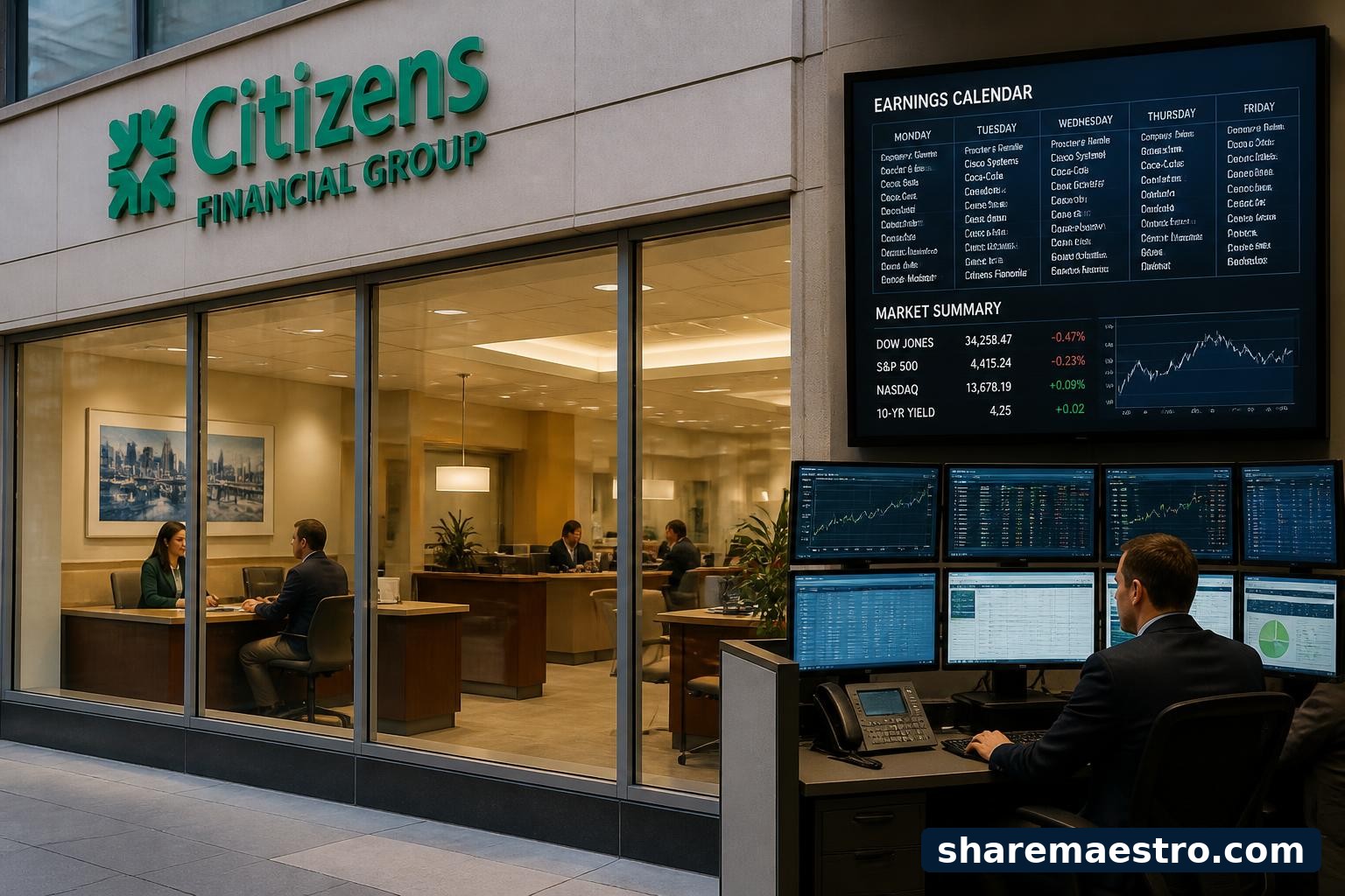 Citizens Financial Group regional bank branch with market data screens and earnings-calendar context.