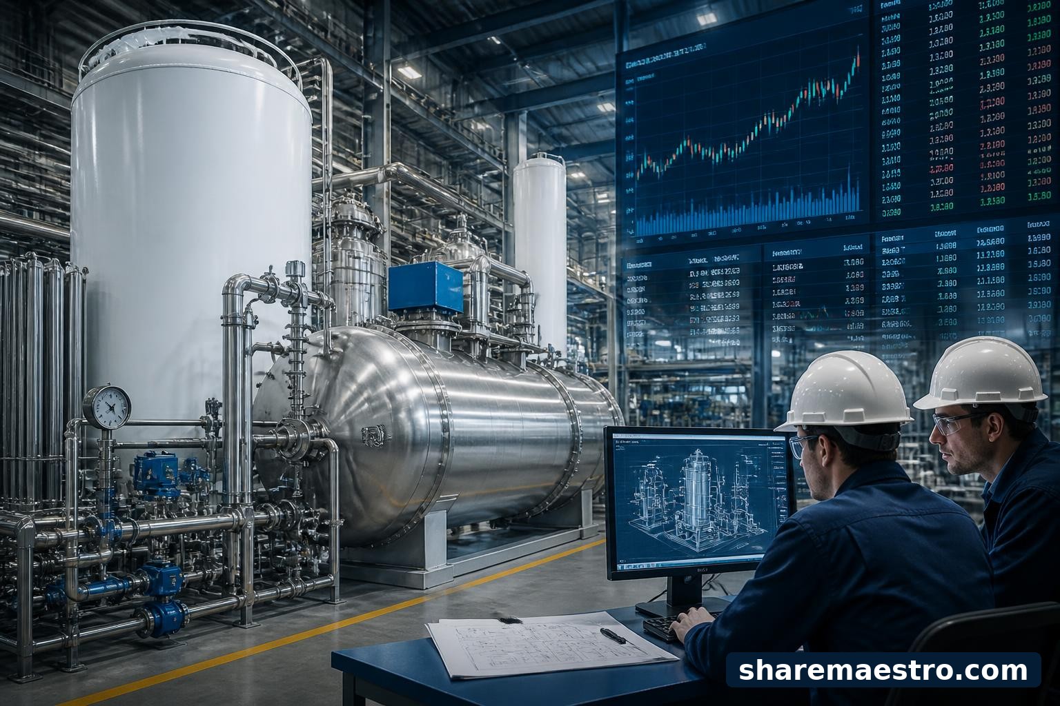 Industrial gas equipment and cryogenic storage tanks on a manufacturing floor with market data screens nearby.