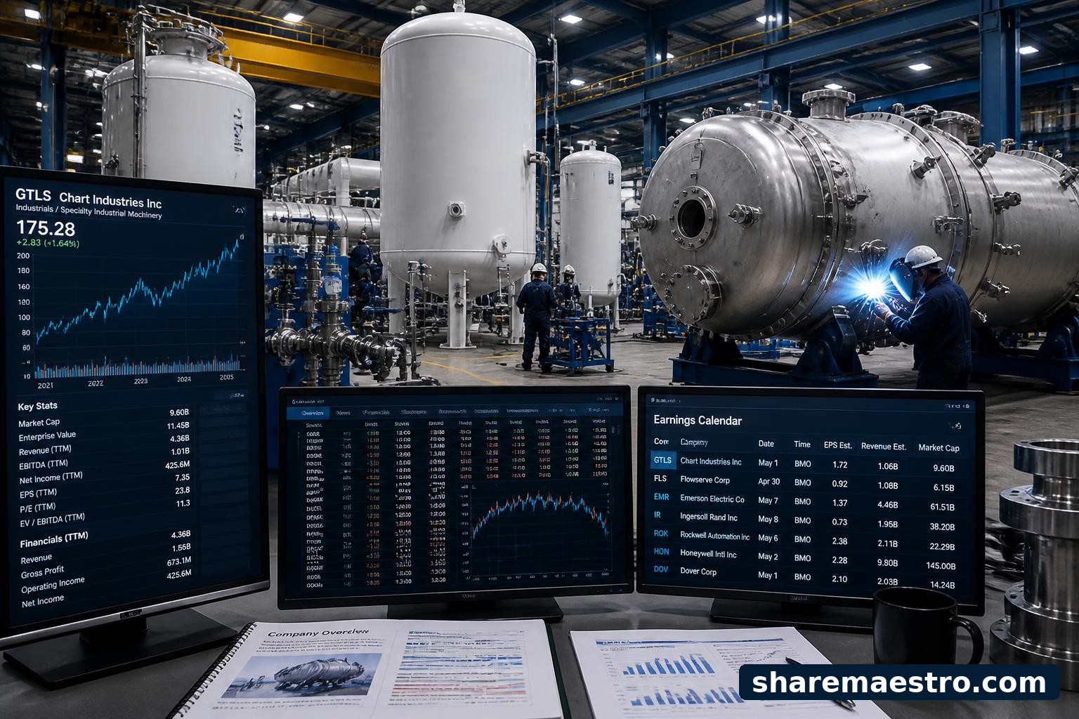 Industrial gas equipment and market data screens representing Chart Industries earnings watch.