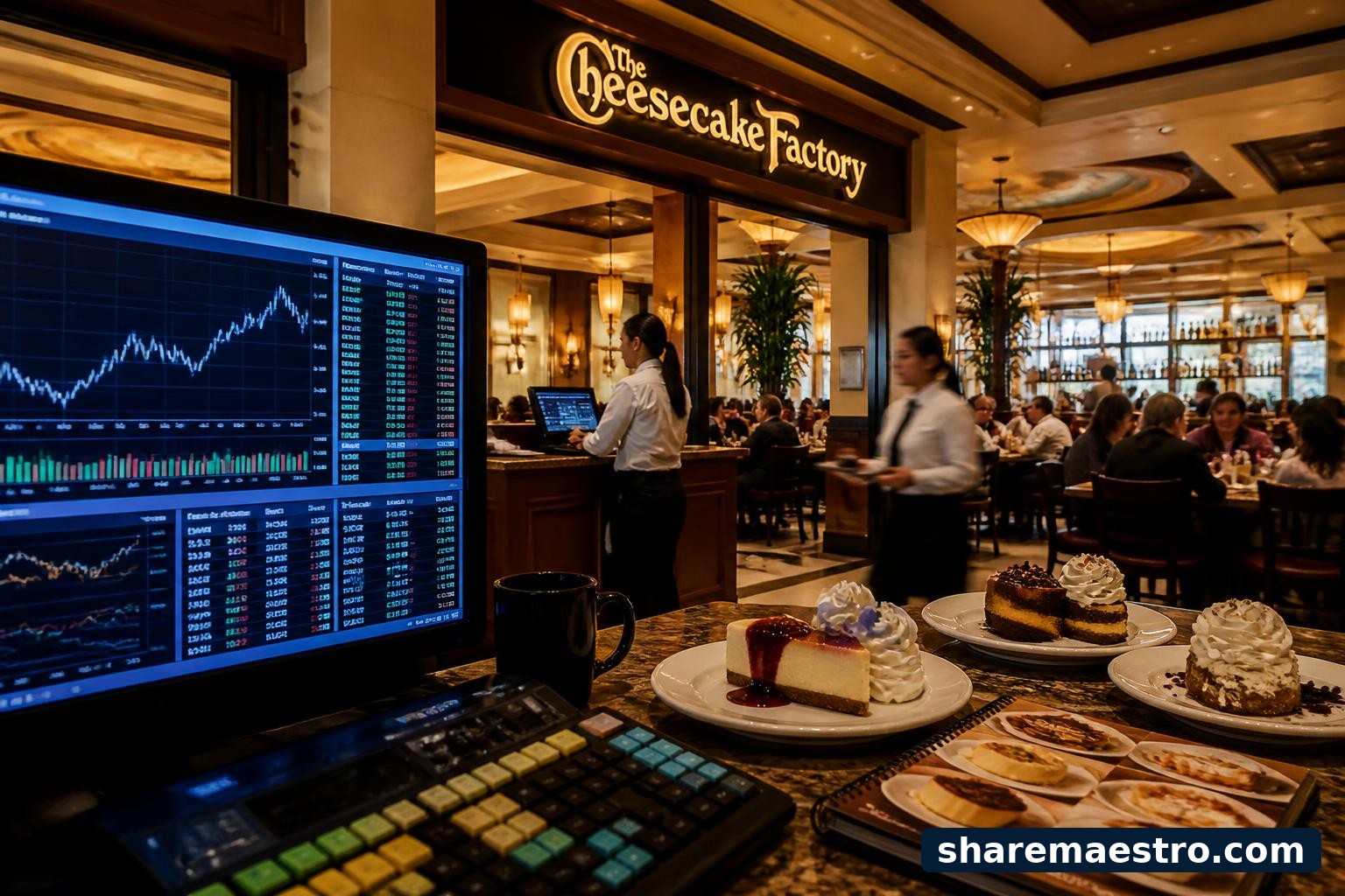The Cheesecake Factory restaurant setting with financial market data context for earnings coverage.