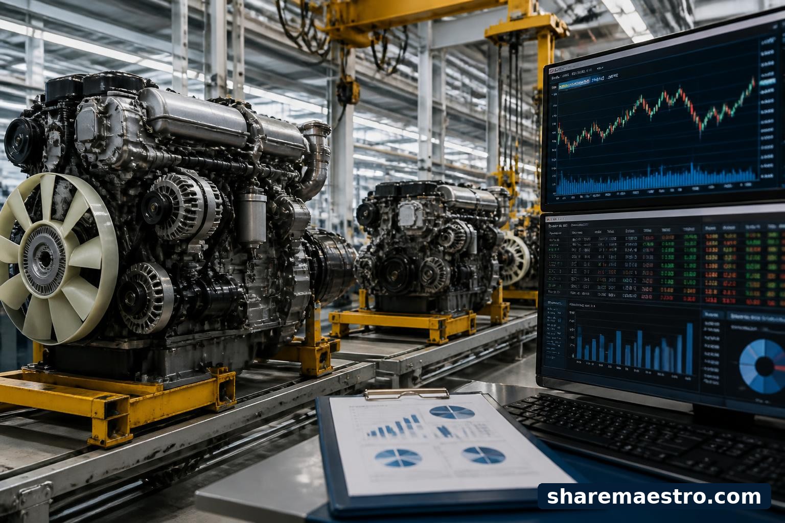 Industrial vehicle engines on an assembly line beside a market data terminal and earnings calendar.