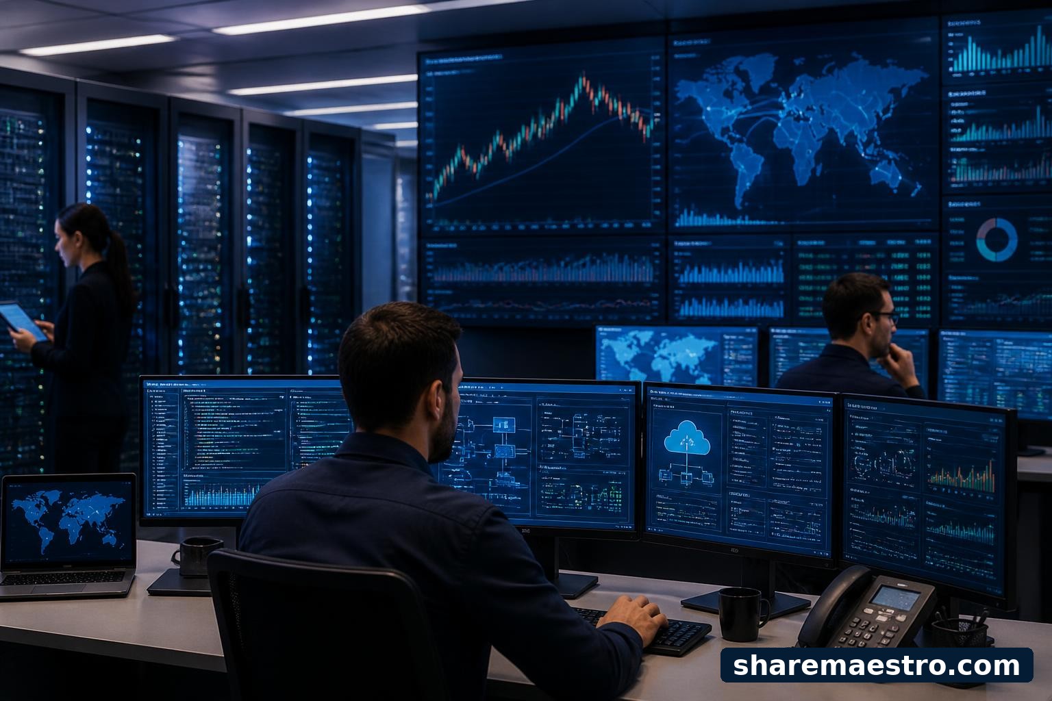 Enterprise IT operations center with server racks and monitoring dashboards.