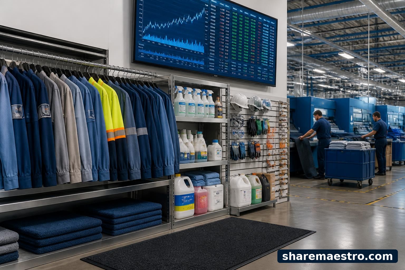 Uniforms, floor mats, cleaning supplies, and safety products in an industrial facility-services setting.