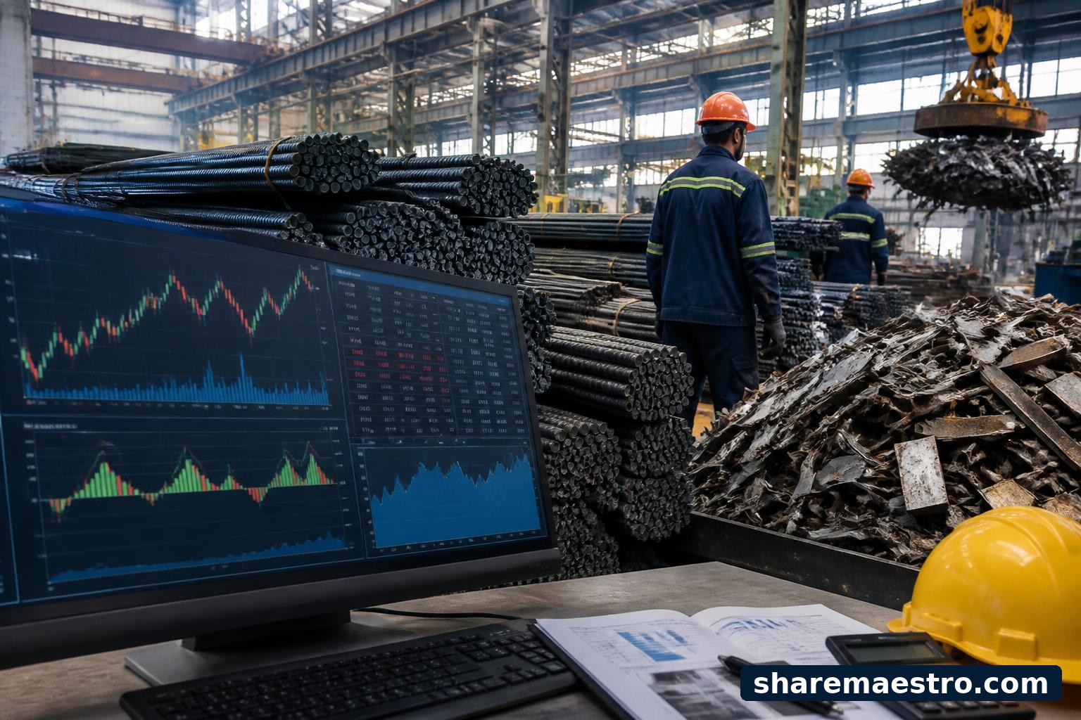 Steel rebar and scrap metal at a metal fabrication facility with a market data screen in the foreground.