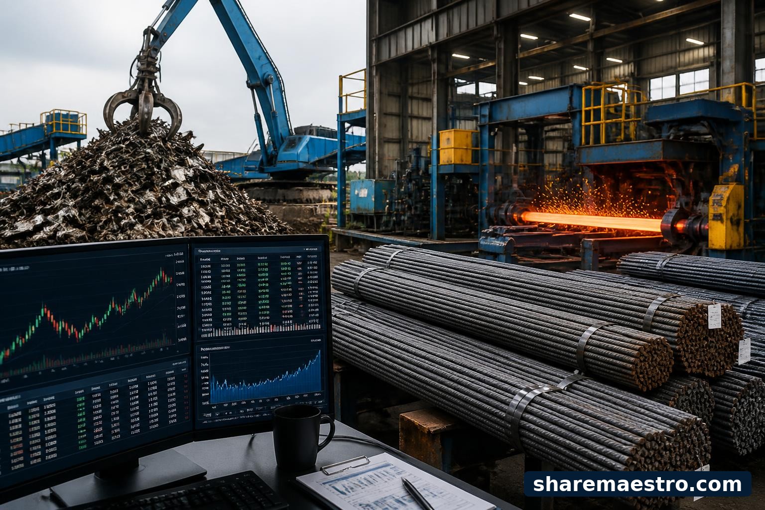 Steel rebar bundles and metal recycling equipment representing Commercial Metals Company’s metal fabrication business.