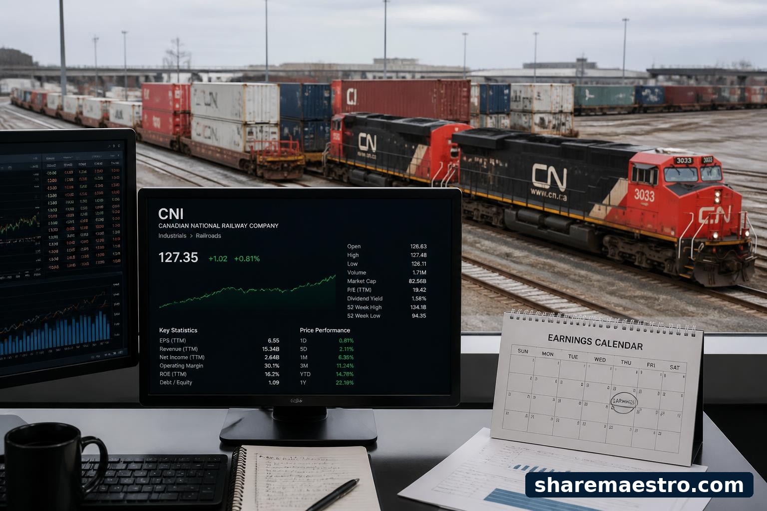 Canadian National freight railcars and a market-data terminal representing the railroad’s earnings watch.