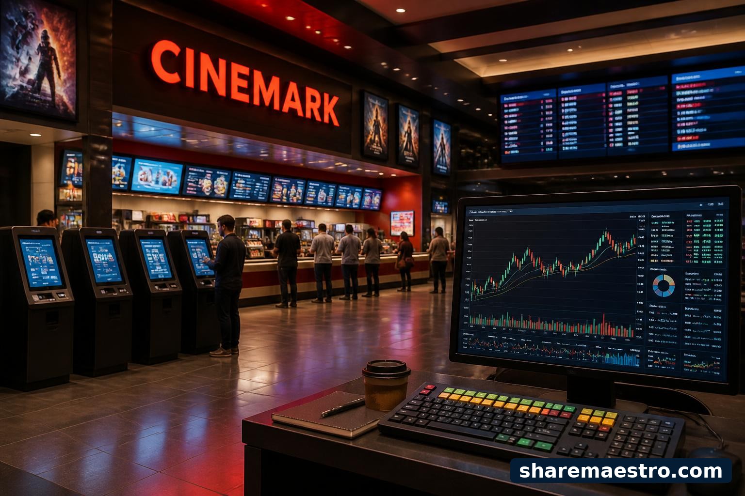 Cinemark theater lobby with financial market data terminal for earnings watch context.