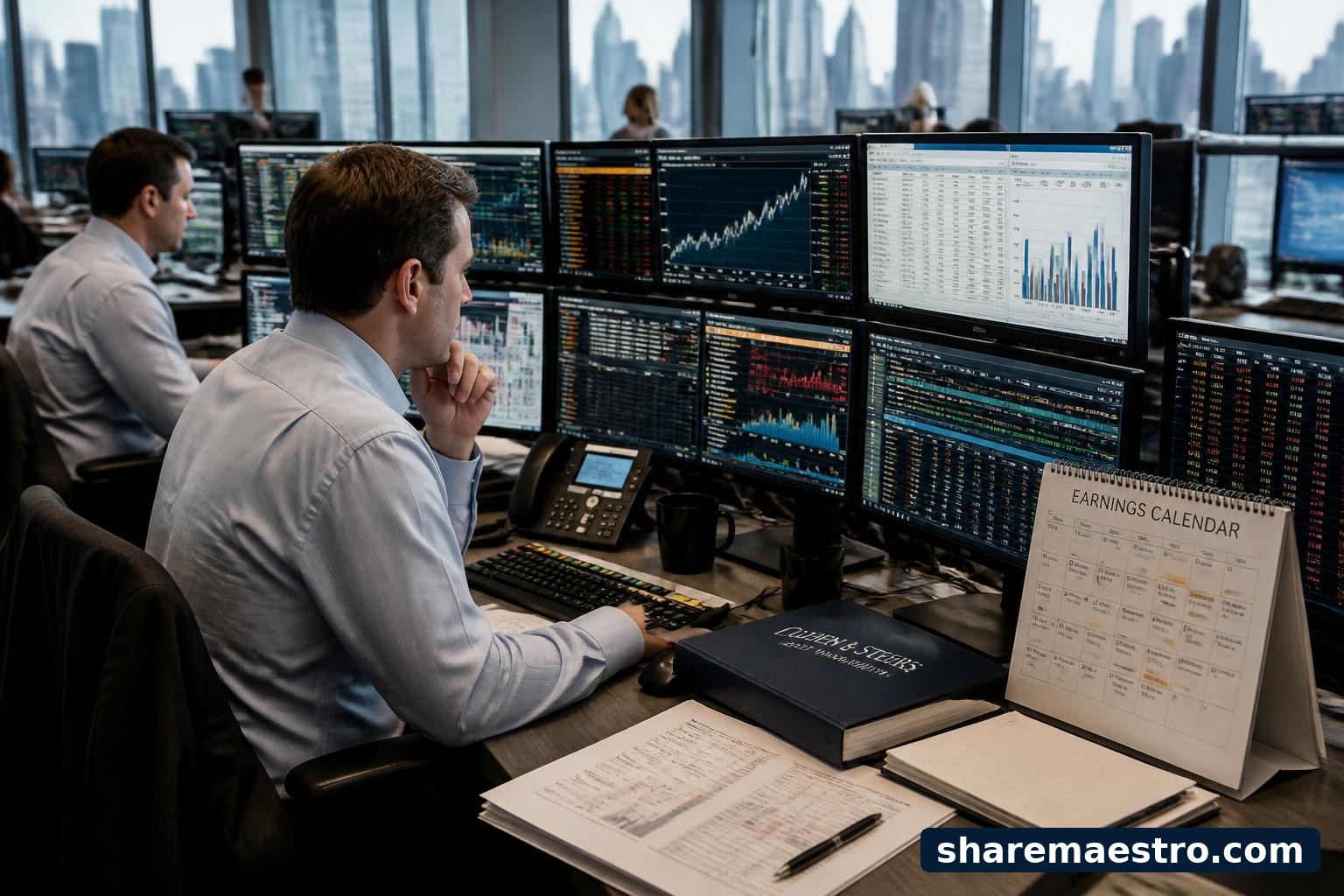 Asset management desks and market data screens representing Cohen & Steers ahead of earnings.