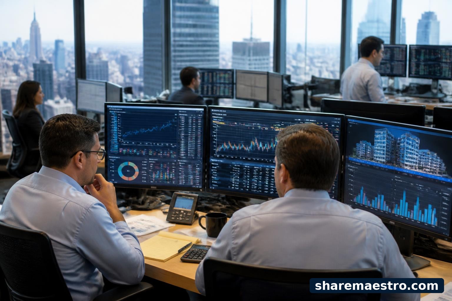 Asset management professionals review portfolio data on trading terminals in an office.