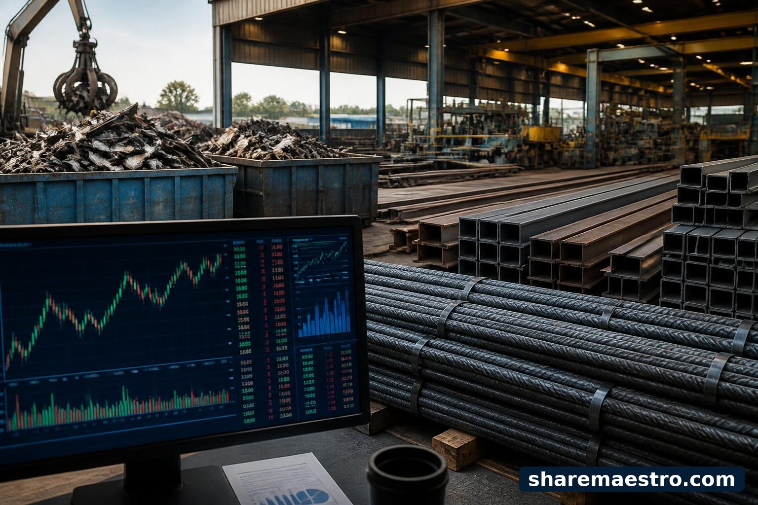 Steel rebar and metal fabrication equipment with a market-data terminal representing Commercial Metals Company earnings watch.