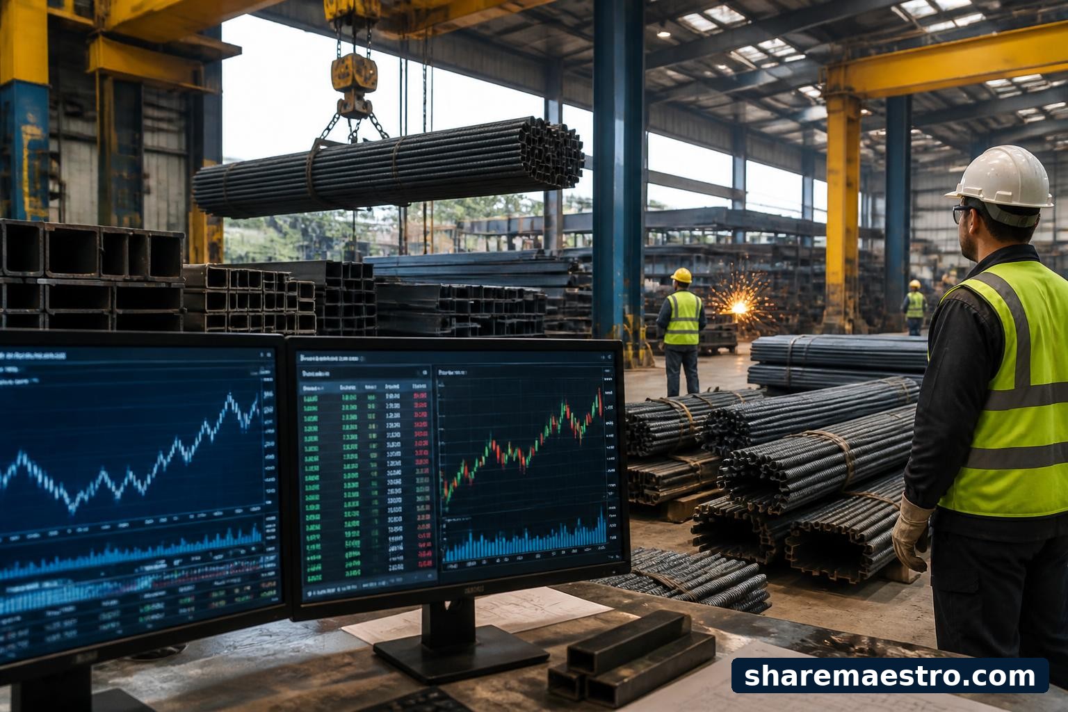 Steel rebar bundles and metal fabrication equipment at an industrial facility with a market data screen.