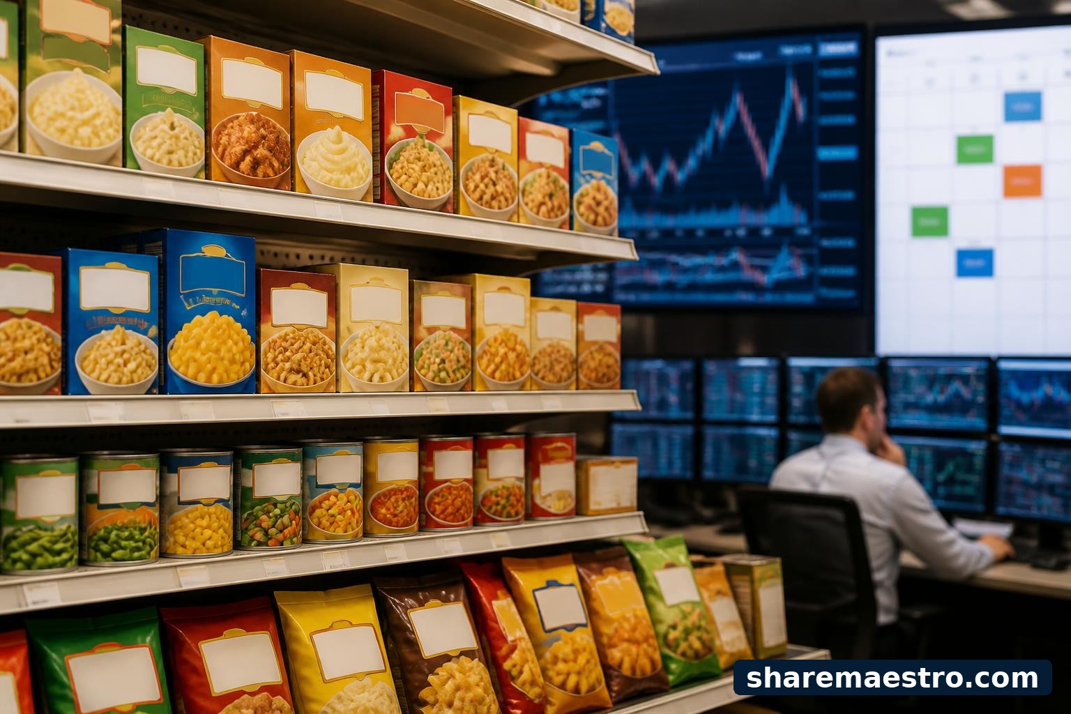 Packaged food products and a finance desk screen representing Conagra Brands earnings watch.