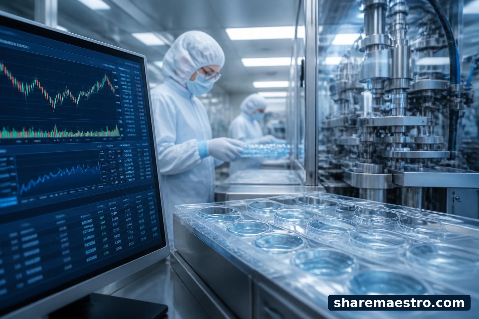 Medical-device manufacturing scene with a financial data terminal for CooperCompanies earnings coverage.